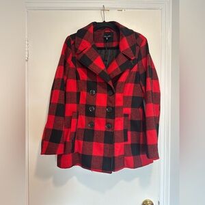 NWT Larry Levine SzM Red & Black Buffalo Plaid Fitted Double Breasted Peacoat